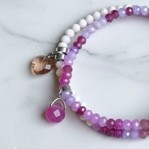 Set of 2 Stretchy Bracelets w/ Crystal, Pink Quartz & Fuschia Jade Charm